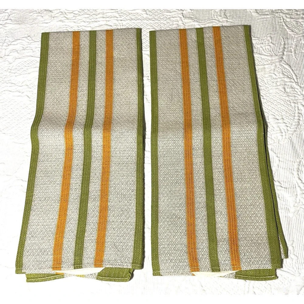 2 - Tea Towels Textured w Vertical Green Orange Stripes Hang Loops on both ends